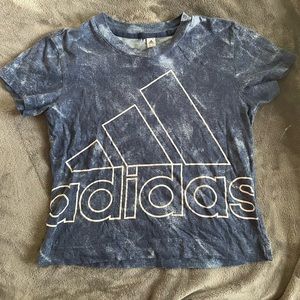 Woman’s small, crop style Adidas blue/gray t-shirt, soft. Heather/tie-dye. VGUC
